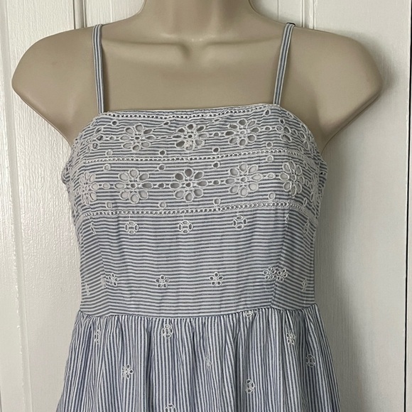 Japna 100% Cotton Blue White Pinstriped Eyelet Ruffle Maxi Dress S Cottagecore - Picture 2 of 13